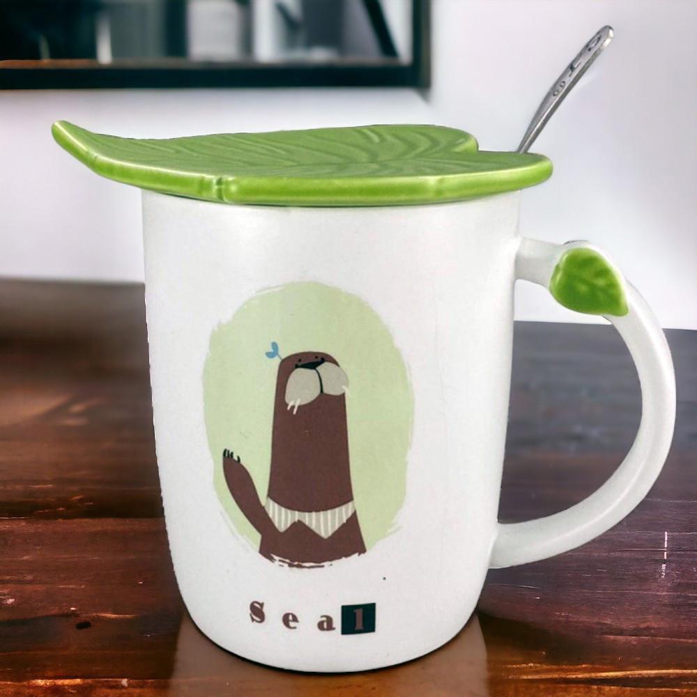 Кружка Зеленый лист/Тюлень с крышкой и ложкой 350 мл (21-тюлень-O8030-57) - фото 2 Кружка Зеленый лист/Тюлень с крышкой и ложкой 350 мл (21-тюлень-O8030-57) - фото 2