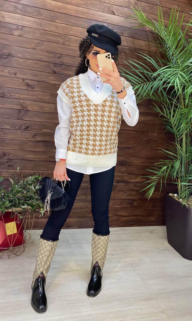 Жилетка вязаная женская с принтом гусиная лапка р. 42-48 Светло-бежевый (2273)