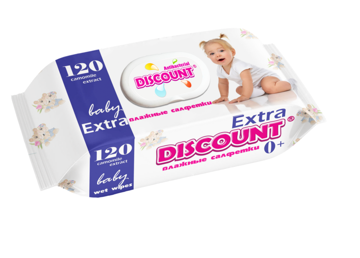 Влажные салфетки Discount Extra с пластиковой крышкой для детей с экстрактом ромашки 120 шт. (4820180331024)