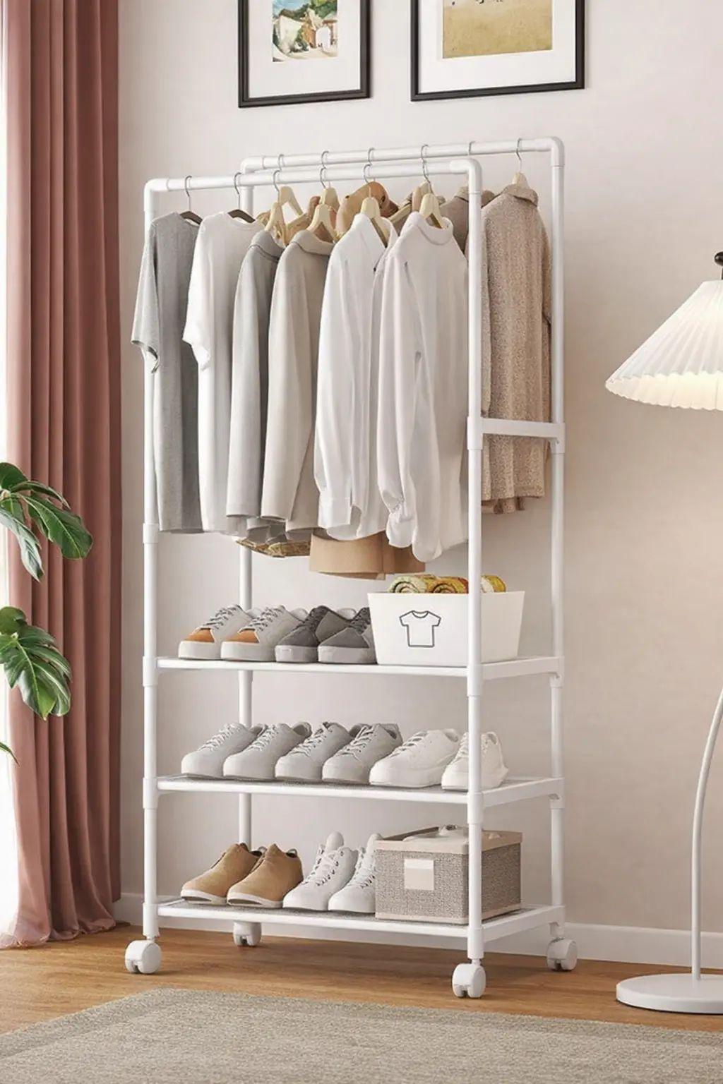 Вешалка для вещей и обуви на колесах YH9918-3 150х56х30 см с лаковым покрытием полипропиленовый пластик Белый (opt-105704)