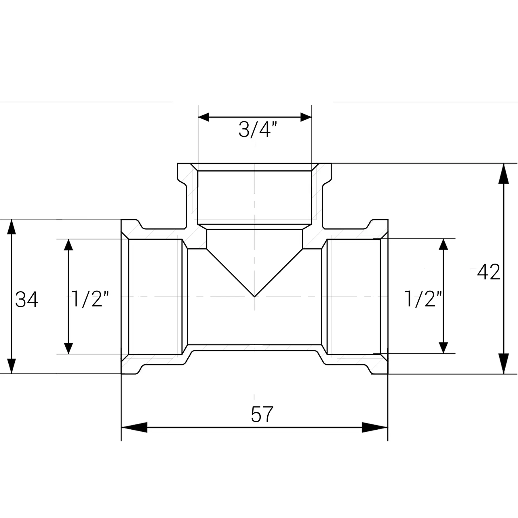 Тройник редукционный никелированный VA 1/2" ВРх3/4" ВРх1/2" ВР штампованный (А0217Анк) - фото 2