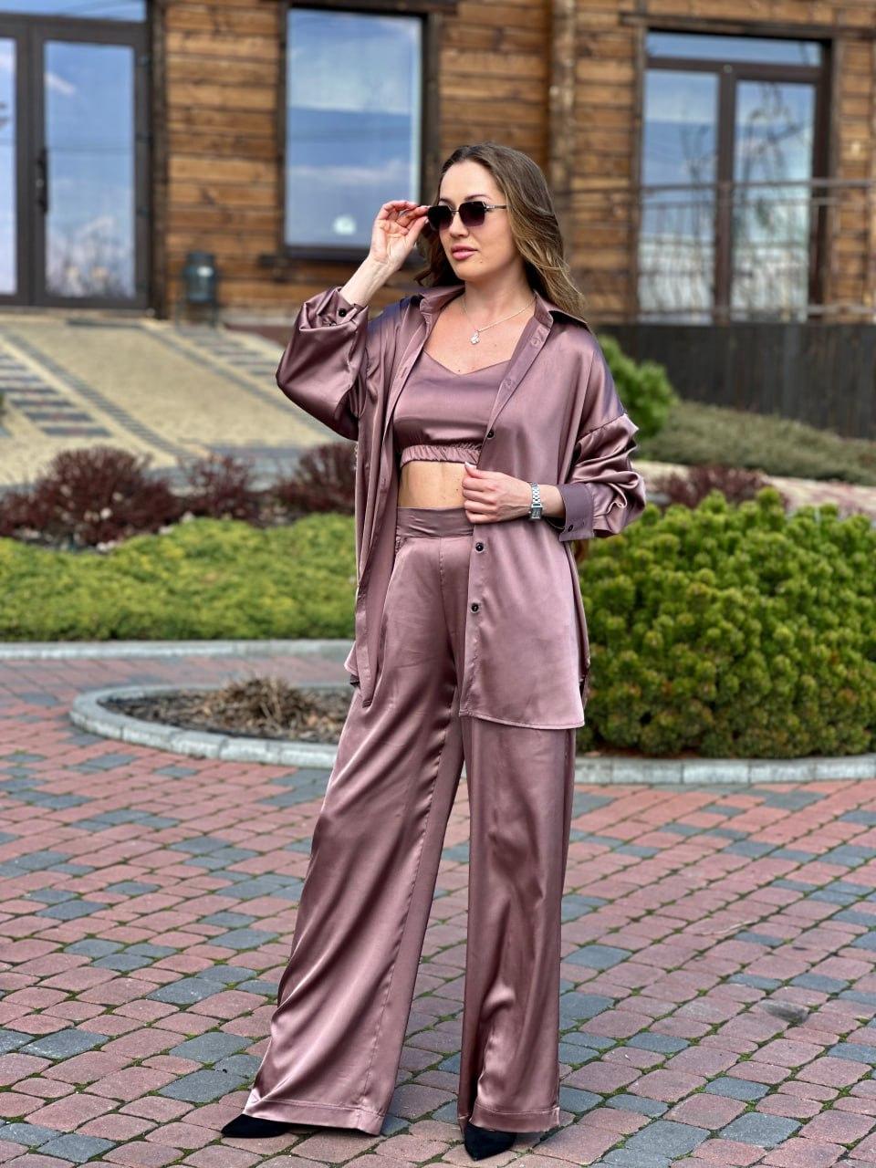 Женский костюм из шелка Армани рубашка и штаны Шоколадный (2571689667)