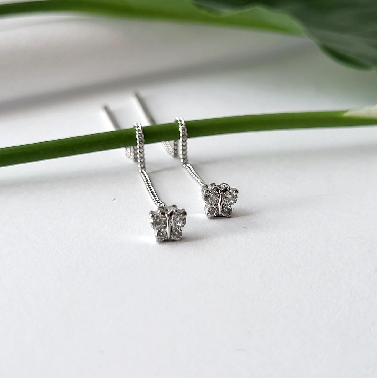 Серьги протяжки бабочки с белыми камнями серебро 925 пробы родированное 0,90 г (5338/1р)