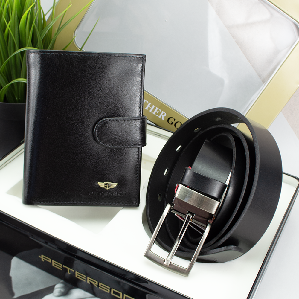 Набор подарочный мужской Peterson PTN ZM7 ремень/портмоне Черный