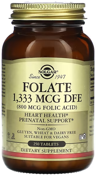 Фолиевая кислота B-9 Solgar Folate 1,333 mcg DFE 800 mcg Folic Acid 250 табл. (SOL-01101)