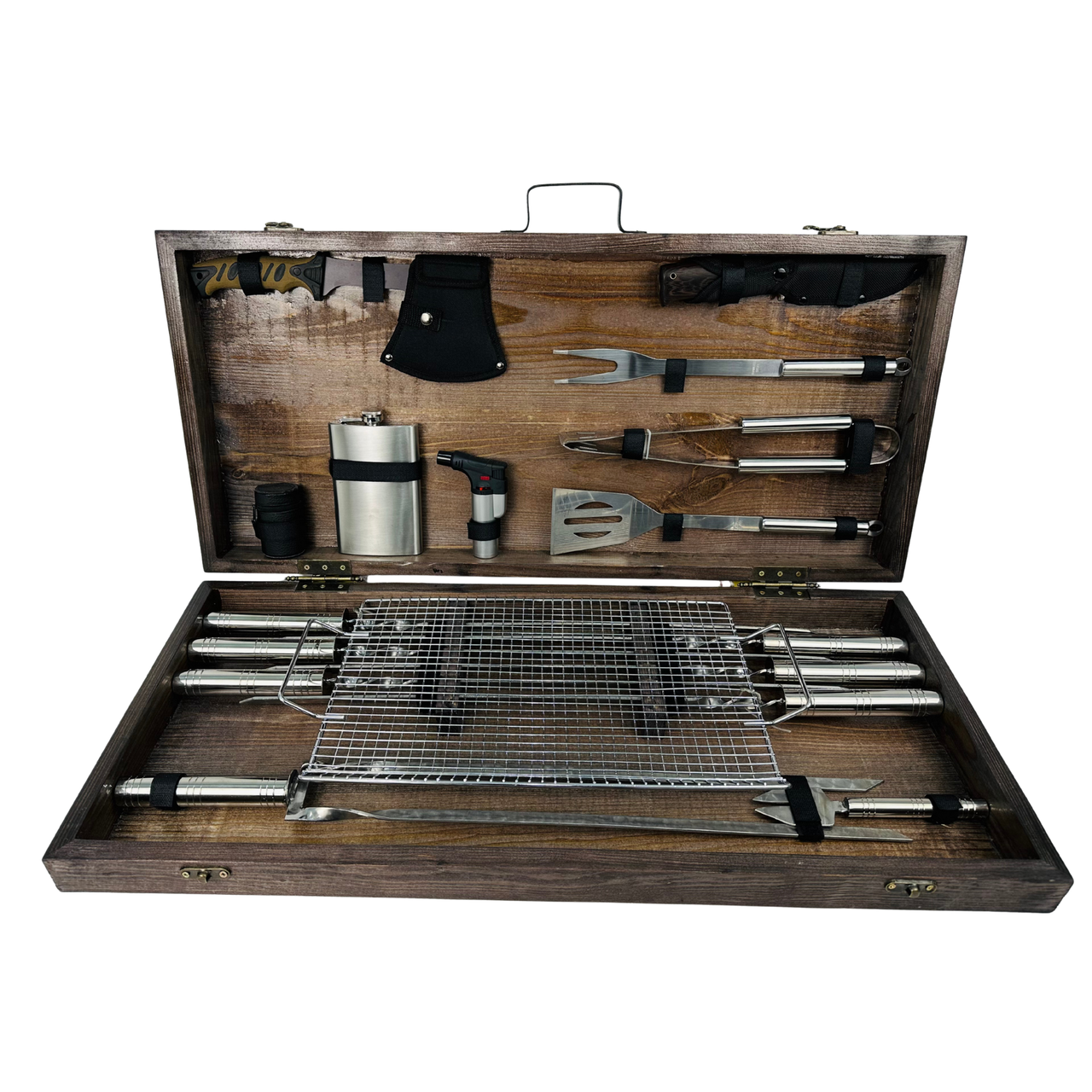Подарочный набор шампуров для барбекю BBQ MAX ручной работы в деревянном кейсе