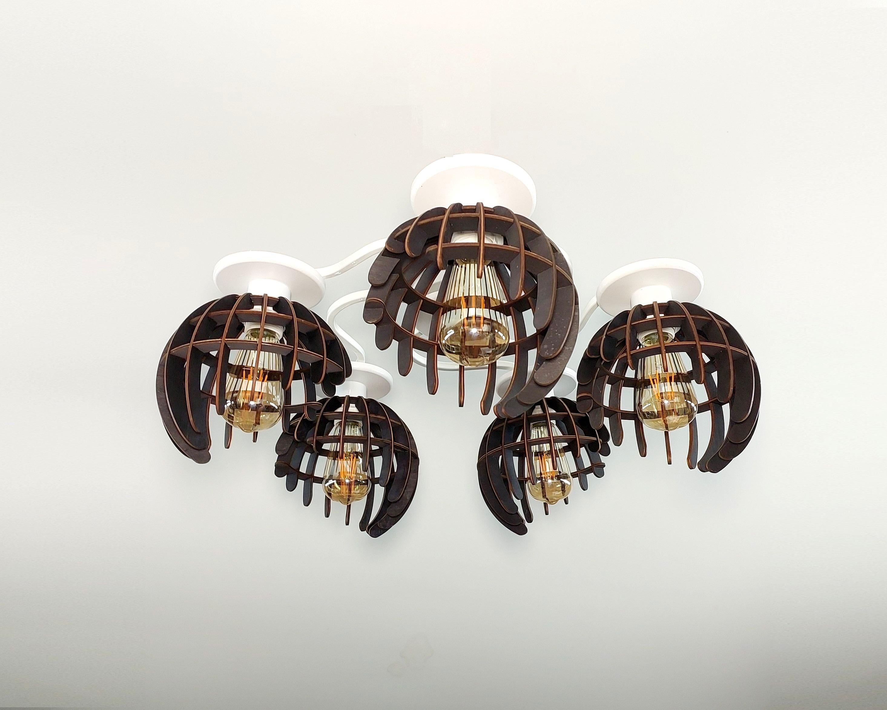 Люстра в стиле лофт на 5 лампочек с деревяными плафонами Белый/Черный (4345-14)