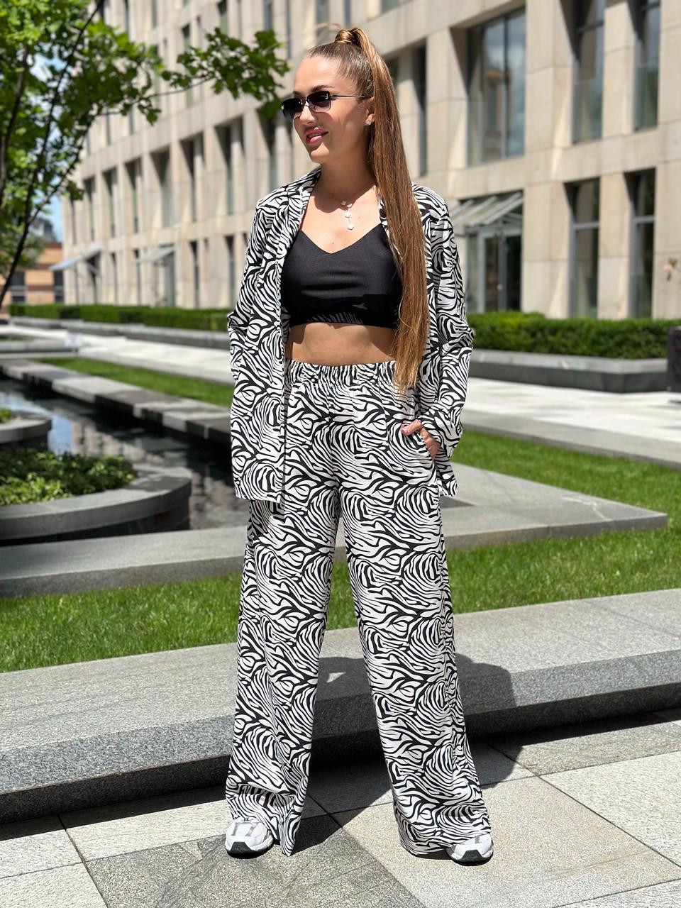 Костюм женский софт рубашка и брюки полосатый принт под зебру XL Бело-черный (2656570176)