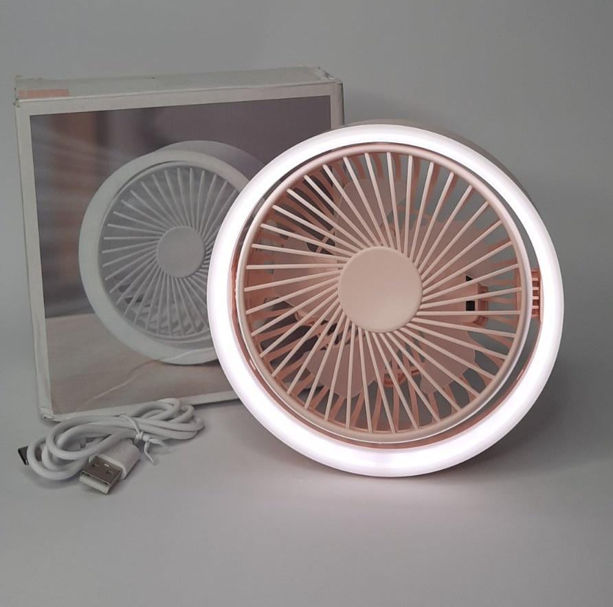 Вентилятор акумуляторний Mini Fan N601 2в1 з гачком та підсвічуванням Рожевий