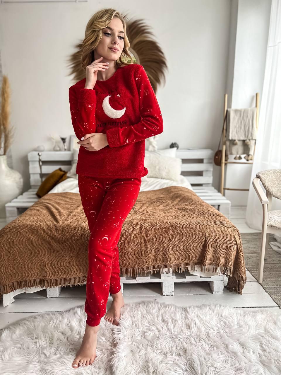 Пижама женская DO2168 на флисе с принтом M Красный