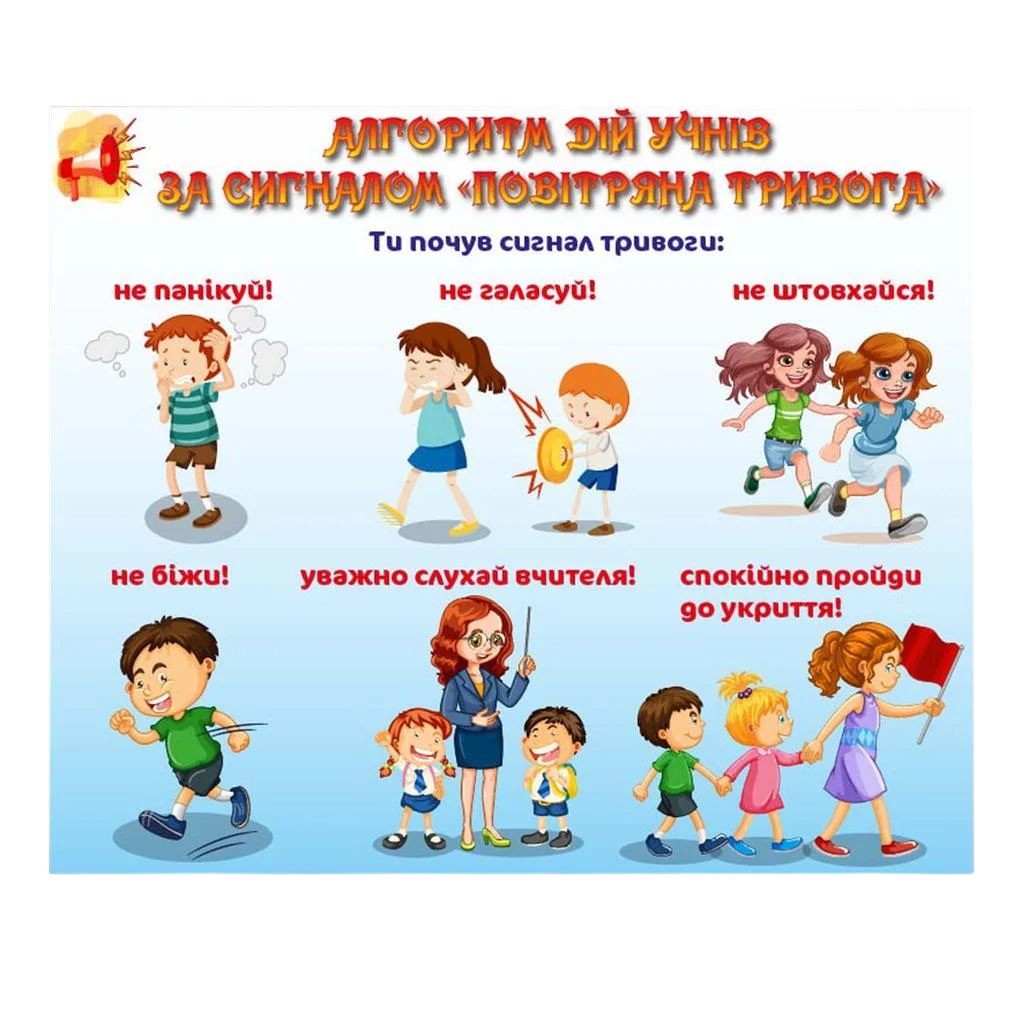 Інформаційний стенд Алгоритм дій учнів за сигналом Повітряна тривога 600х500 мм ПВХ 3 мм з ламінацією (37285)