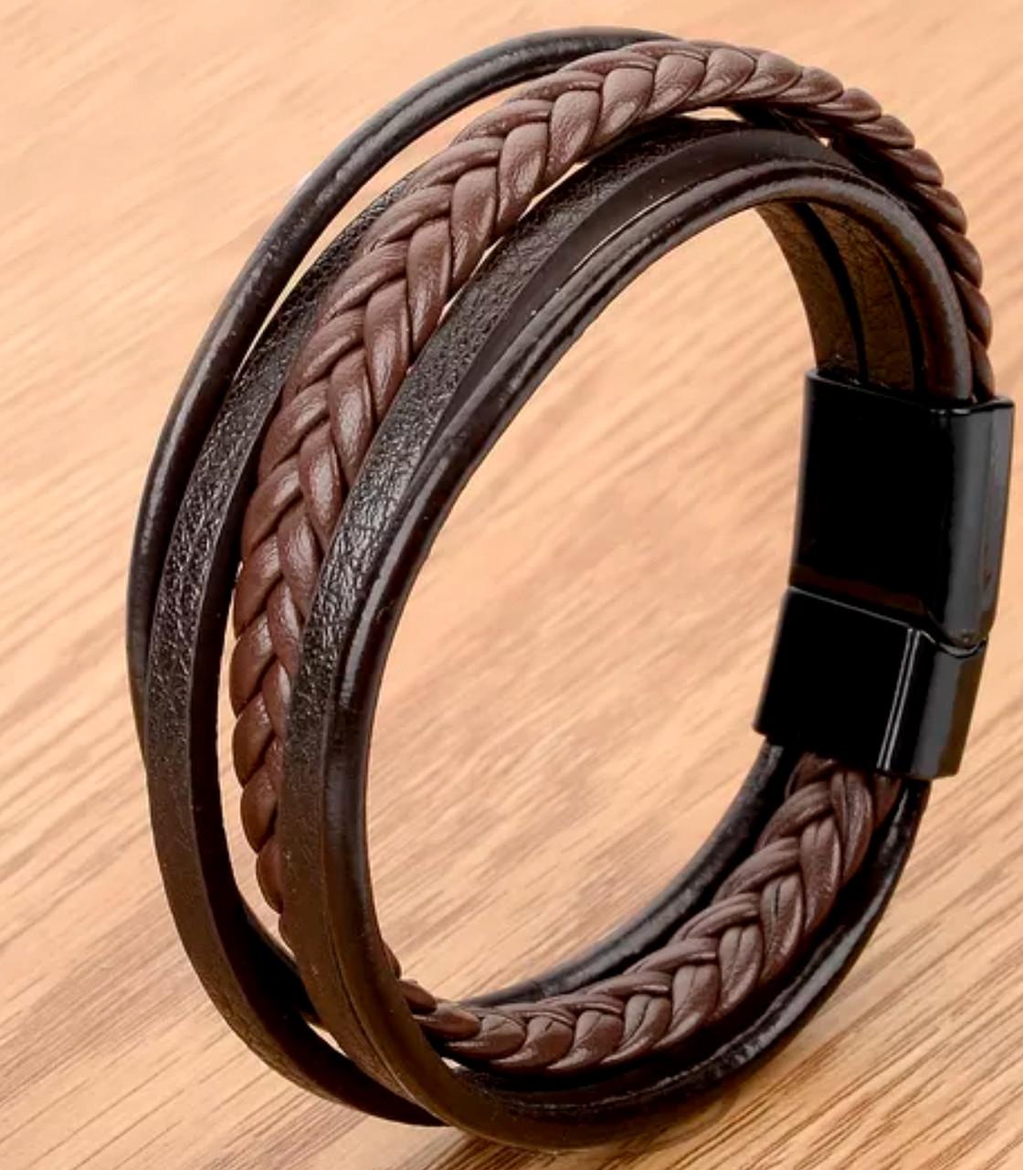 Браслет кожаный многослойный на магнитной металлической застежке Коричневый