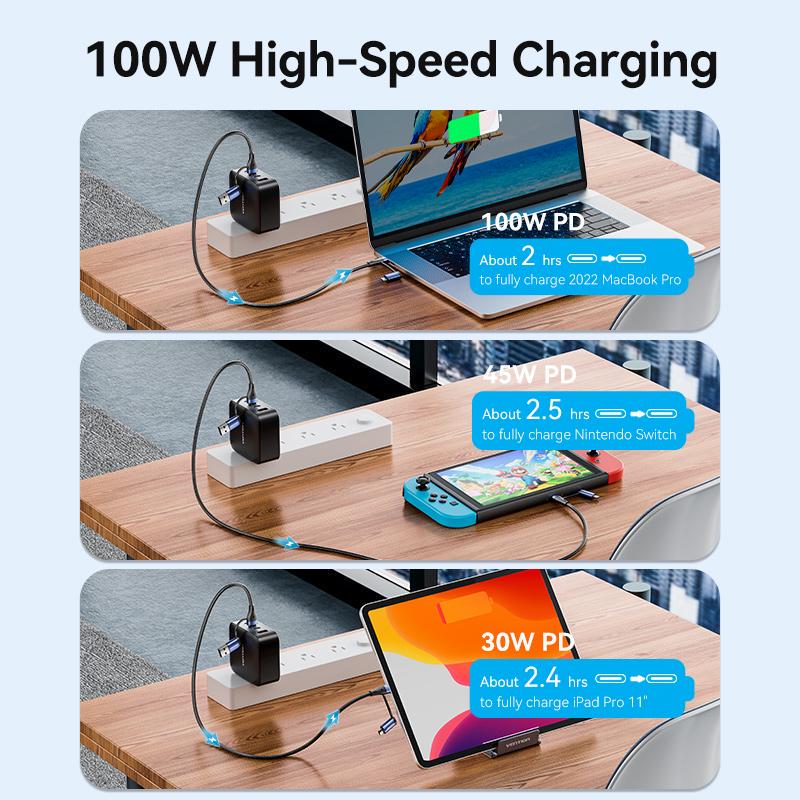 Кабель Vention USB + Type-C-Type-C + Micro-USB 100Вт 5А/20В 480 Мбіт/с USB-A + USB-C на USB-C + Micro-B PD нейлоновий шнур 2 м Чорний (CTLLH) - фото 4