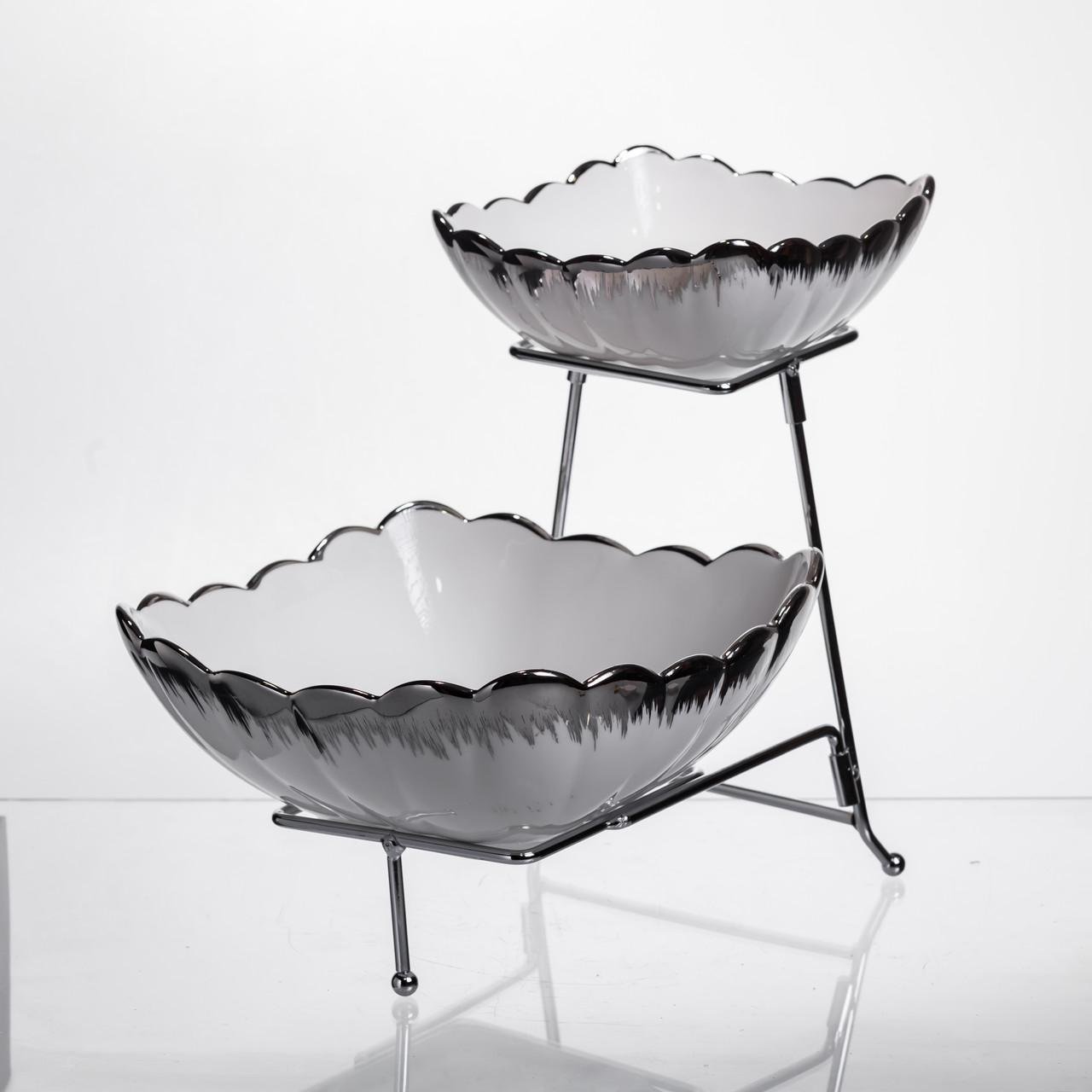 Фруктовница на 2 яруса 27х21х25 см Белый с серебром (2561-1AS) Фруктовница на 2 яруса 27х21х25 см Белый с серебром (2561-1AS)