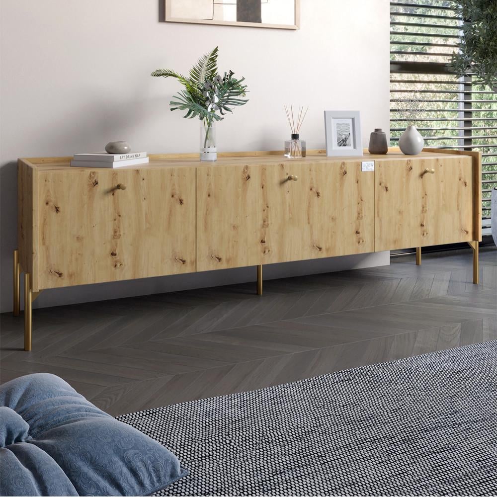 Тумба под телевизор на 3 ящика Lion Wood с золотыми ножками 160х65х40 см Дуб Артизан (Lion-042992)