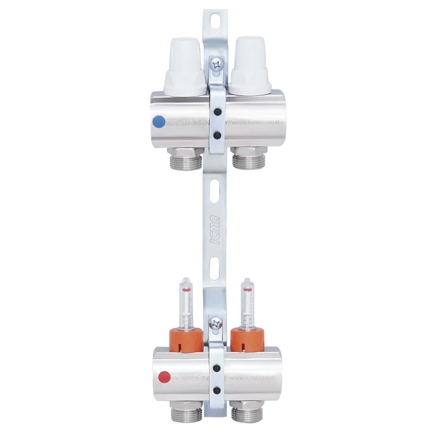 Коллектор для теплого пола ICMA 87K013PG06 2 контура с расходомерами 1"/3/4" (78709) - фото 1