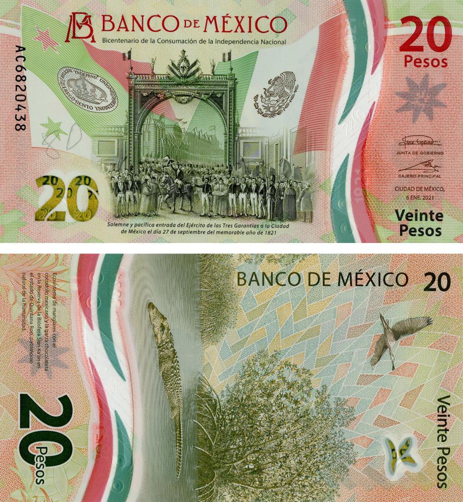Коллекционная банкнота Мексика 20 песо 2021 Полимер UNC Крокодил (PW132)
