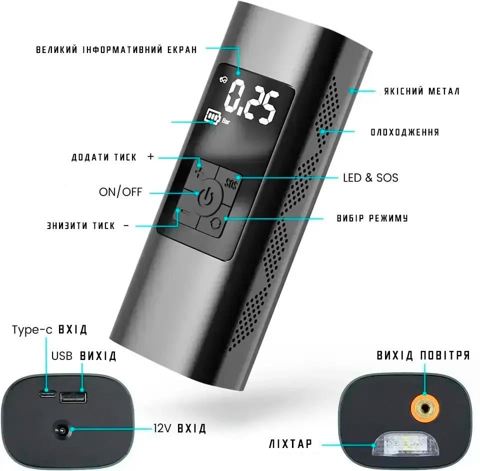 Компрессор автомобильный портативный с аккумулятором 6000 mAh и монитором 12 В (47035) - фото 7