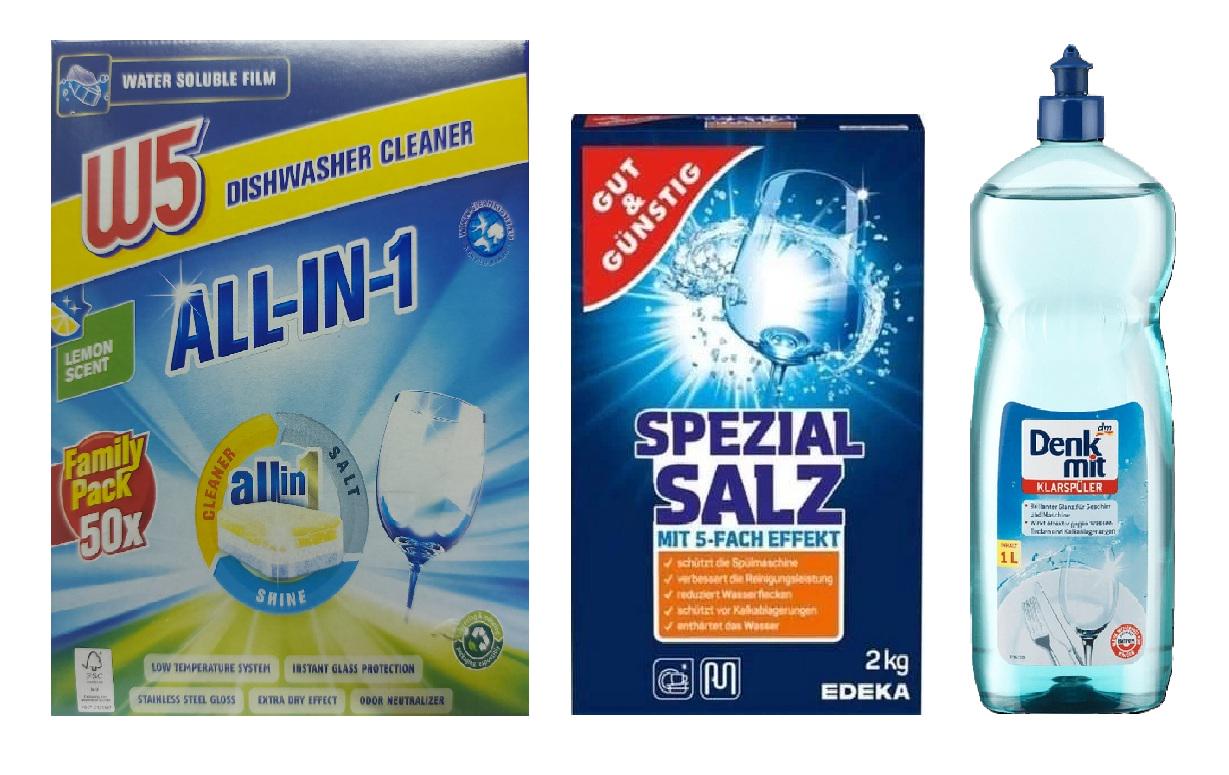 Набор для посудомоечных машин таблетки W5 All in 1 50 шт./соль Gut&Gunstig Edeka Spezial Salz 2 кг и ополаскиватель Denkmit 1 л (2086)