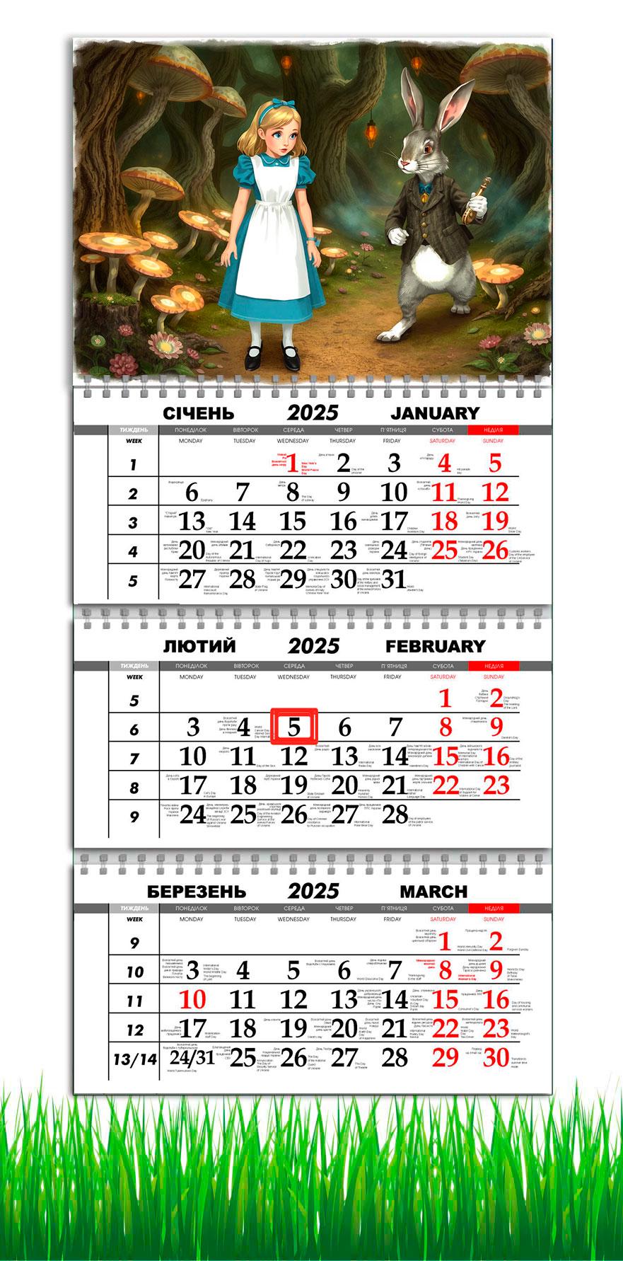 Календарь настенный квартальный на 2025 год APRIORI Алиса в стране чудес на 3 пружины 30х61 см (UA3034)