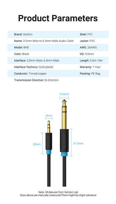 Кабель Vention 6.5 мм Jack-3.5 мм minijack HiFi стерео AUX на 6.35 мм TRS 0,5 м Чорний (BABBD) - фото 9 Кабель Vention 6.5 мм Jack-3.5 мм minijack HiFi стерео AUX на 6.35 мм TRS 0,5 м Чорний (BABBD) - фото 9
