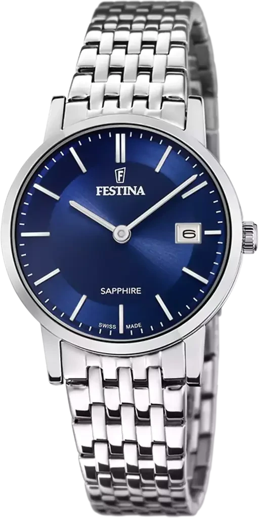 Наручные часы женские Festina F20019/2 Classics Swiss Made со стальным корпусом/сапфировым стеклом WR 50 м и синим циферблатом
