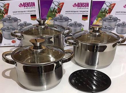 Набір каструль із нержавіючої сталі Benson 7 предметів 5,1 л/6,5 л/8,2 л (BN-242)