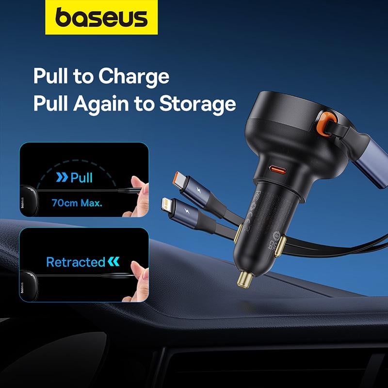 Зарядное устройство автомобильное BASEUS Enjoyment Pro Car Charger C+Retractable C&iP Cable 60W Cluster Black (C00057802111-00) - фото 13 Зарядное устройство автомобильное BASEUS Enjoyment Pro Car Charger C+Retractable C&iP Cable 60W Cluster Black (C00057802111-00) - фото 13