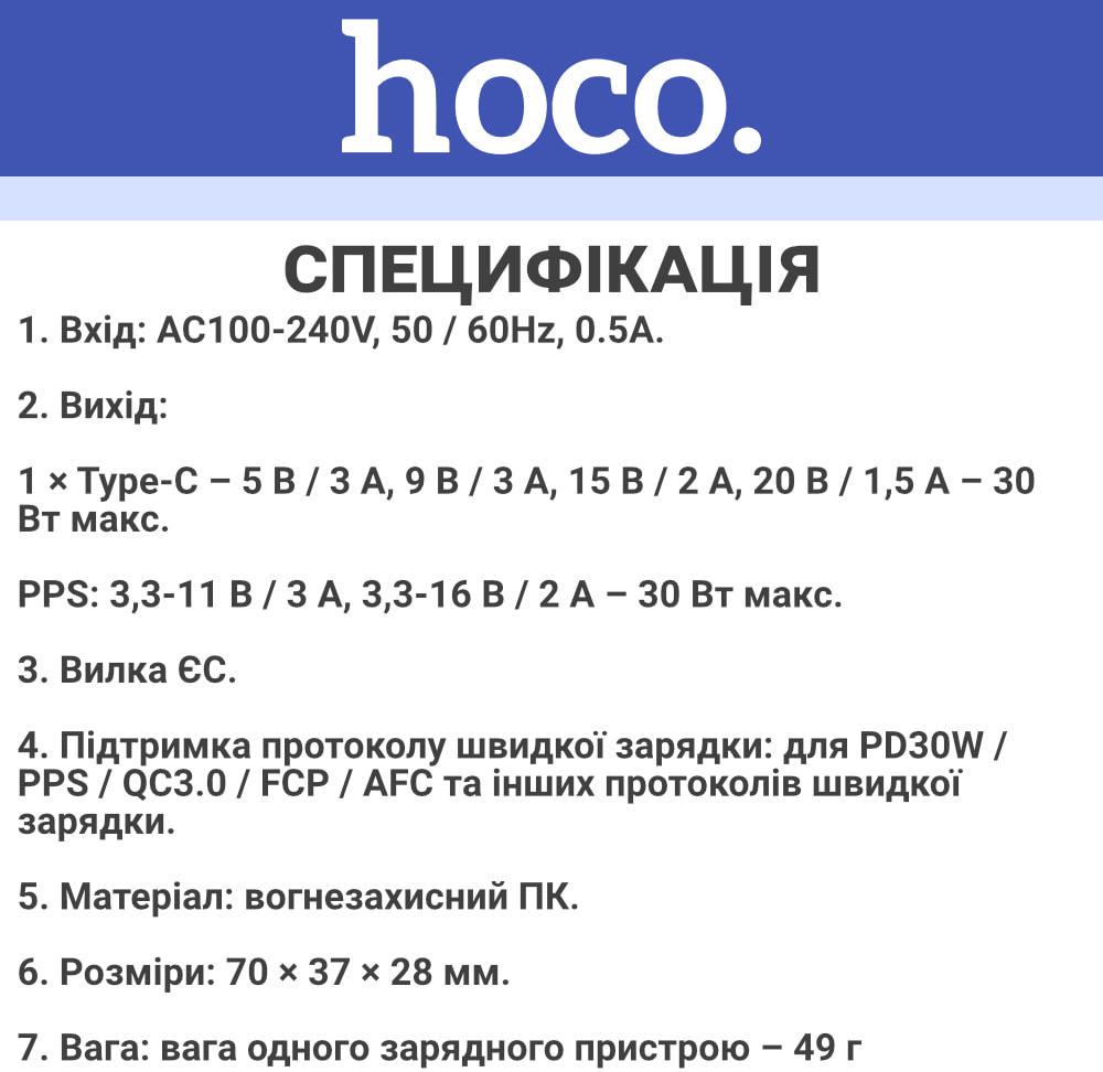 Пристрій зарядний Hoco N32 Type-C 30W White (36806) - фото 2