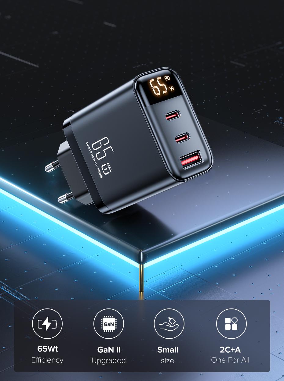 Зарядний пристрій TUODES 65w GAN PD 2xUSB-C+USB-A з дисплеєм (30807545) - фото 5 Зарядний пристрій TUODES 65w GAN PD 2xUSB-C+USB-A з дисплеєм (30807545) - фото 5