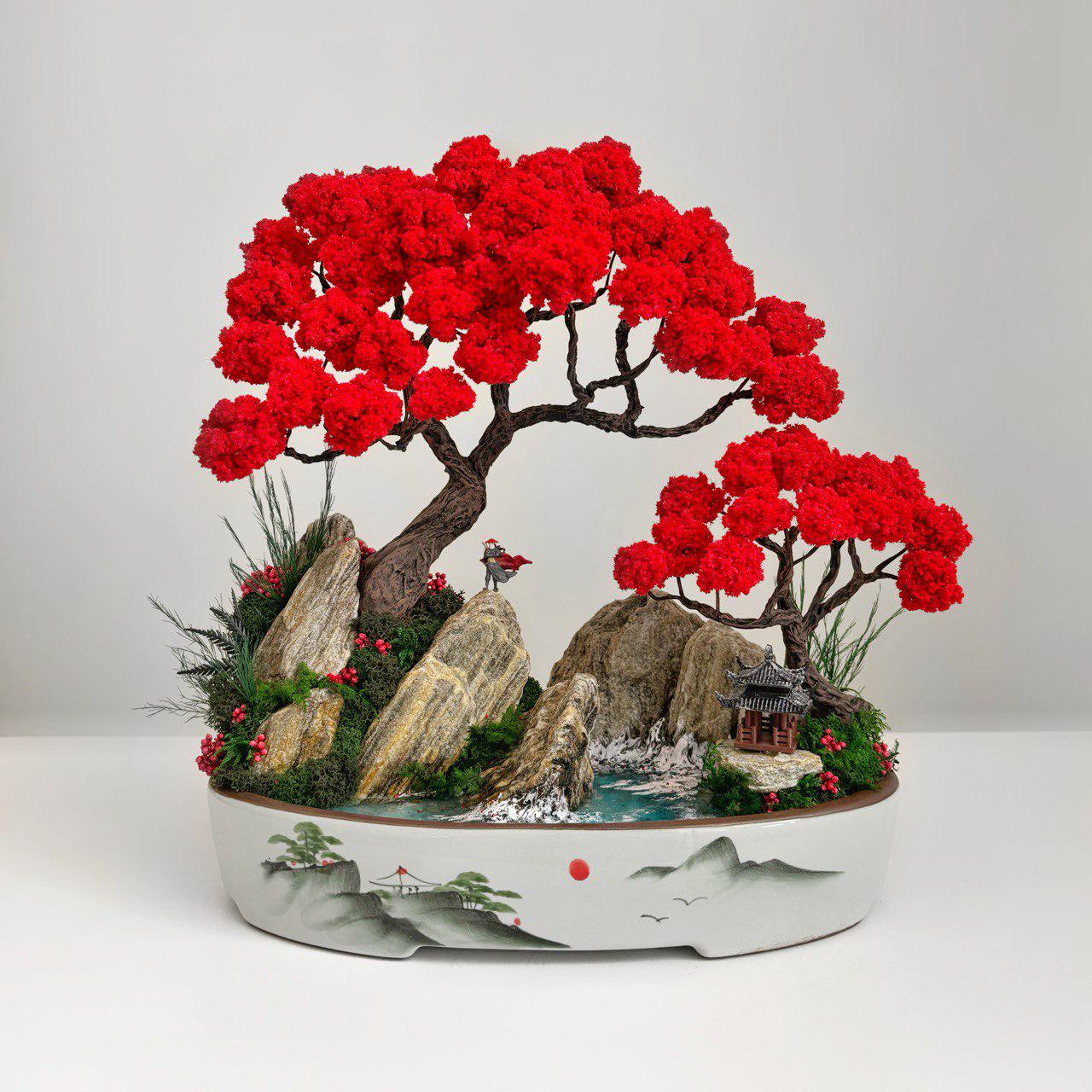 Бонсай зі стабілізованих рослин та червоного моху 32x30 см