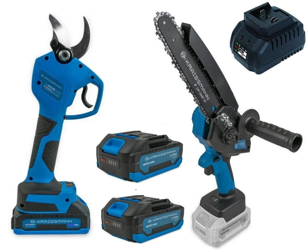 Набір акумуляторного інструменту KRAISSMANN ланцюгова міні-пила 2032 AKS-BL 20/секатор 31 AGS-BL 20/2 200 мм/2 4 Ач (23917628)