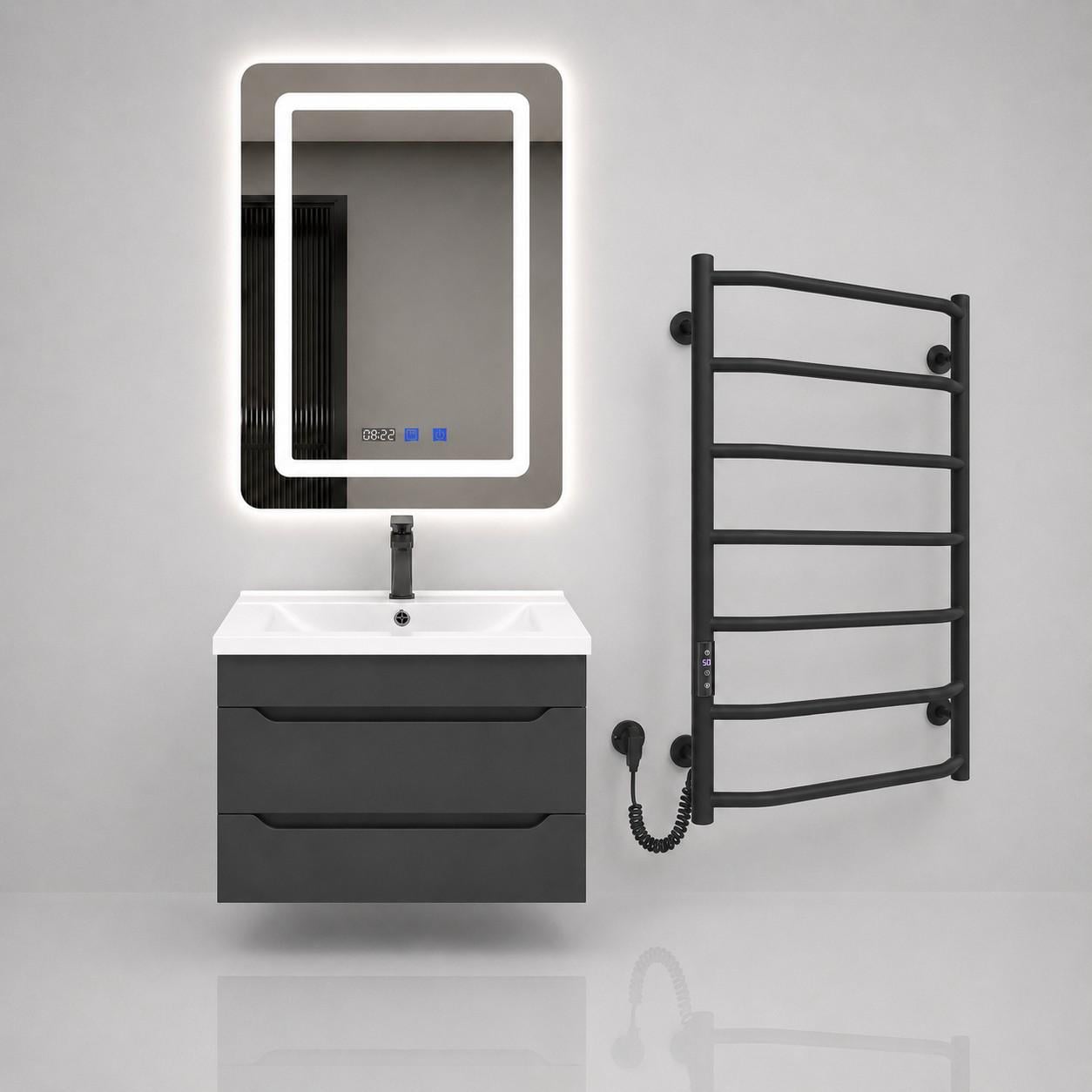 Комплект для ванної кімнати 5в1 Sanwest Т-8 + Adamant Quanto 60/змішувач Qtap Black/LED-дзеркало/електрична рушникосушарка