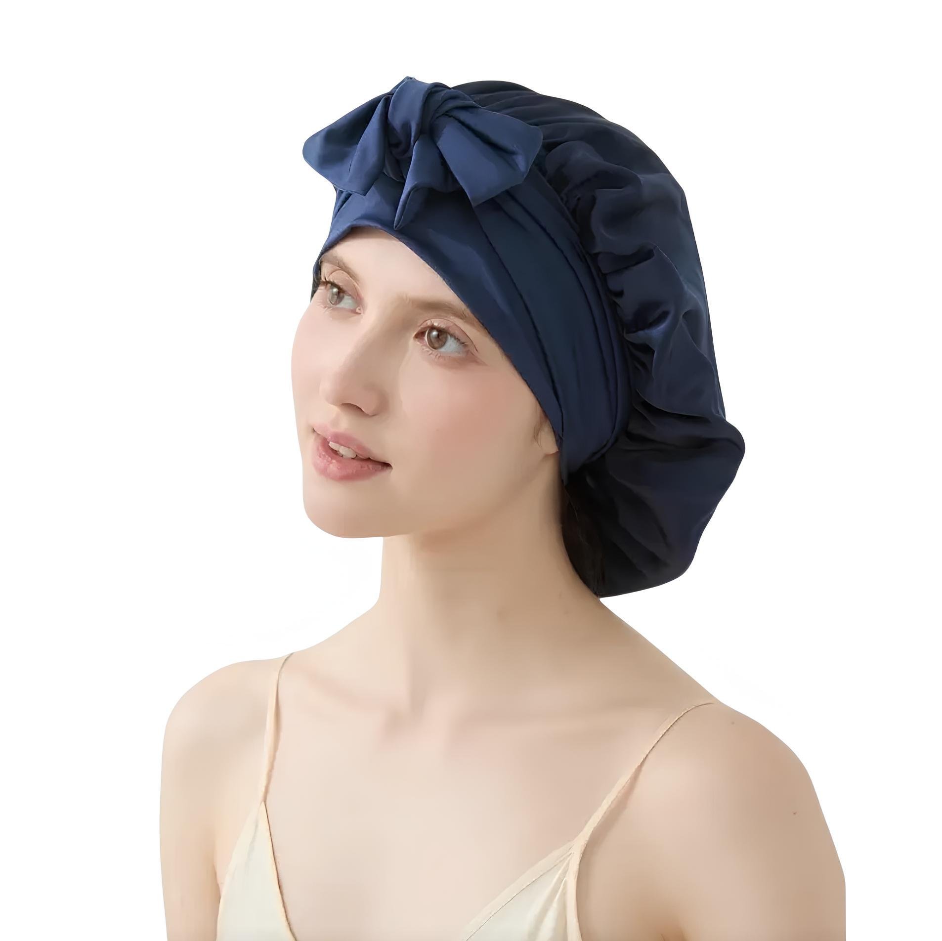 Шапка для сну жіноча великого розміру 100% шовк мульбері з регульованою гумкою і бантом Синій (3355114)
