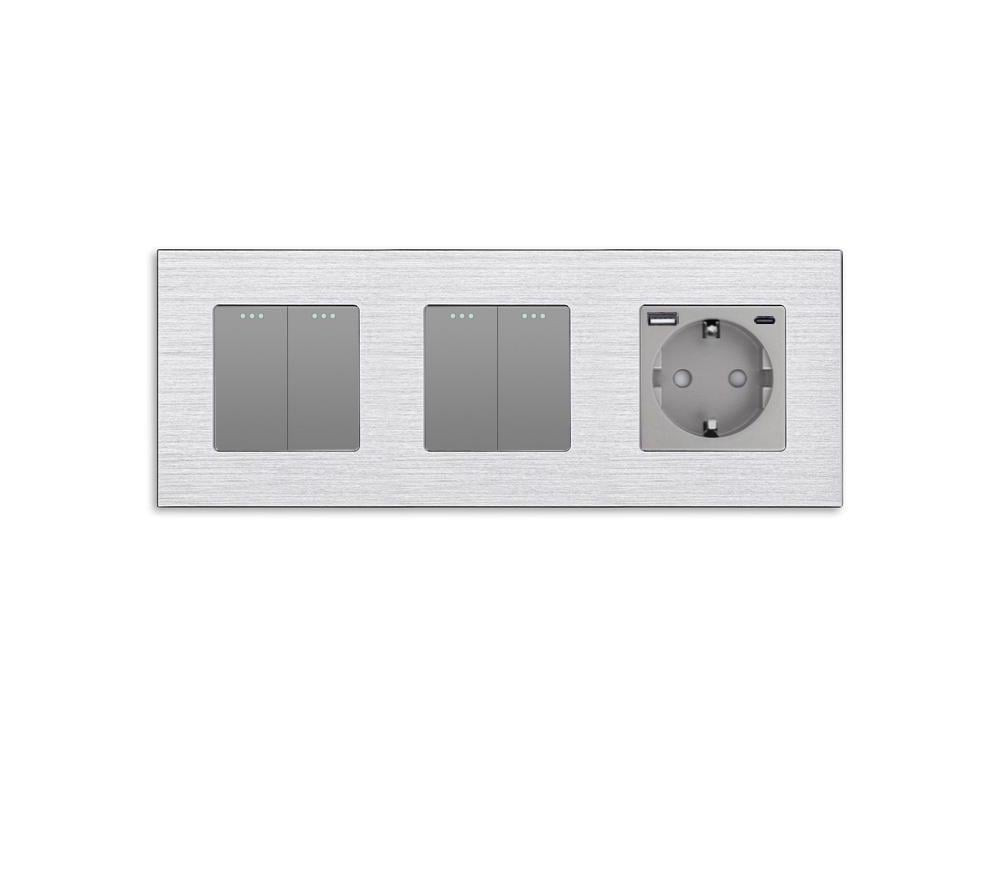 Выключатель перекрестный WALLPAD 4-клавишный 2-2 с розеткой USB A+C 20Вт с заземлением 16А 230 В алюминий Серый
