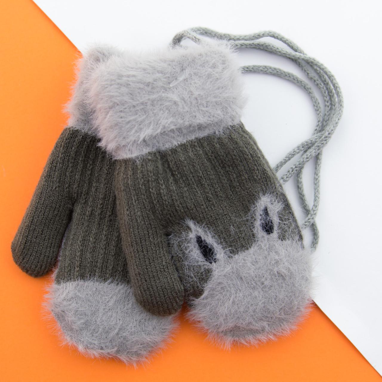 Варежки для малышей зимние с мехом на 1 - 2 года на веревочке с зайчиками Серый (22-7-35)