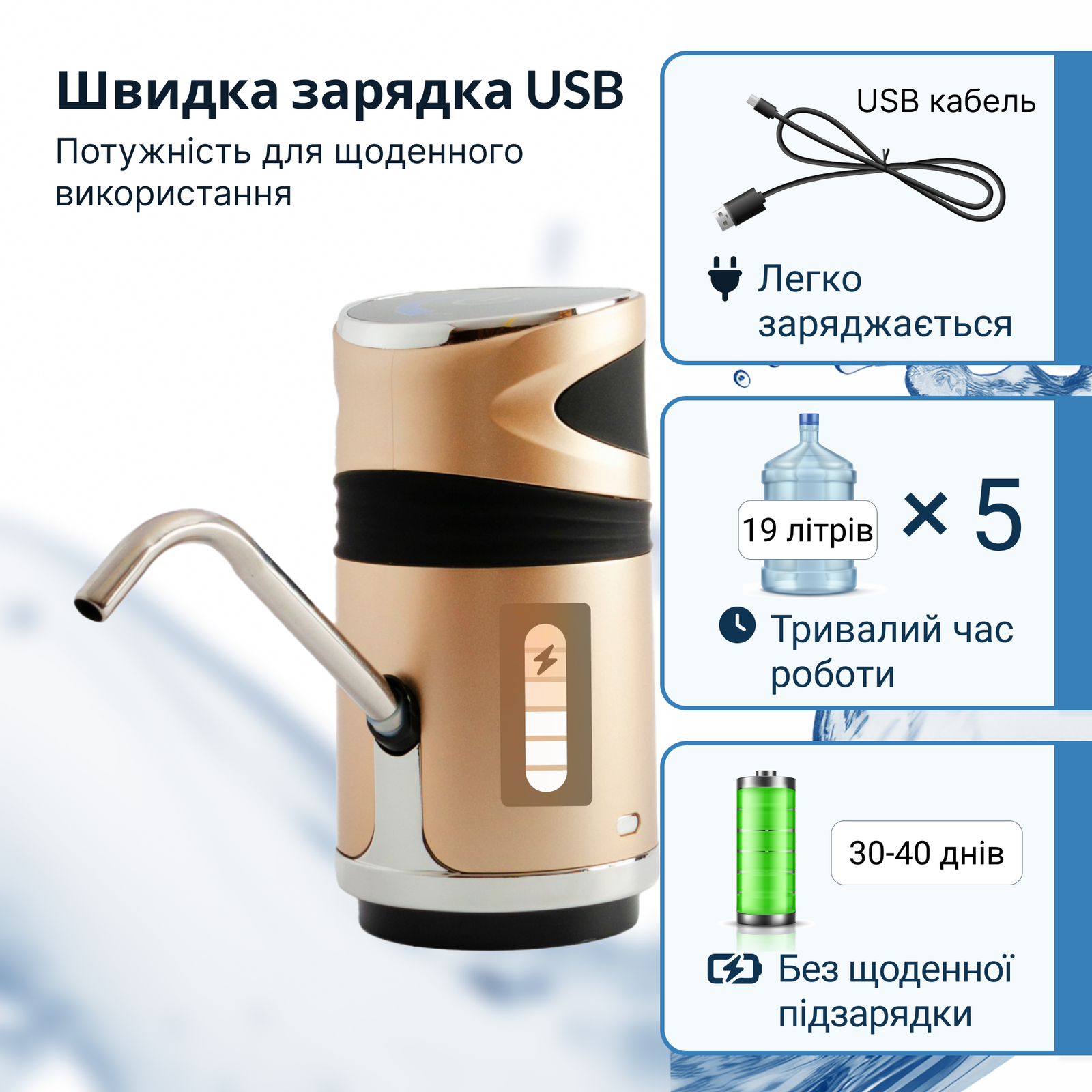 Помпа для воды электрическая с защитой от детей VIO E12-DS Gold (9814) - фото 4 Помпа для воды электрическая с защитой от детей VIO E12-DS Gold (9814) - фото 4