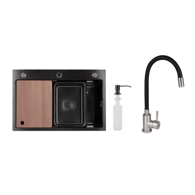 Мойка для кухни Lidz H6845 3,0/1,0 мм Décor Blaсk со смесителем Aria с гибким изливом k35 Black (3072217479)