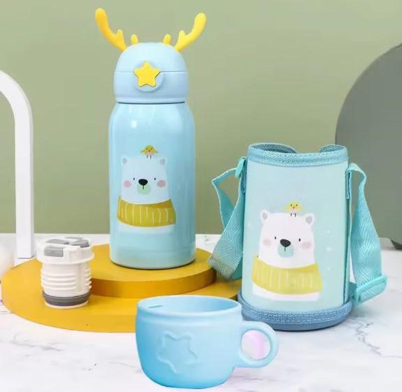 Дитячий термос Ведмедик з нержавіючої сталі з трубочкою ріжками та сумкою-чохлом 500 мл Блакитний