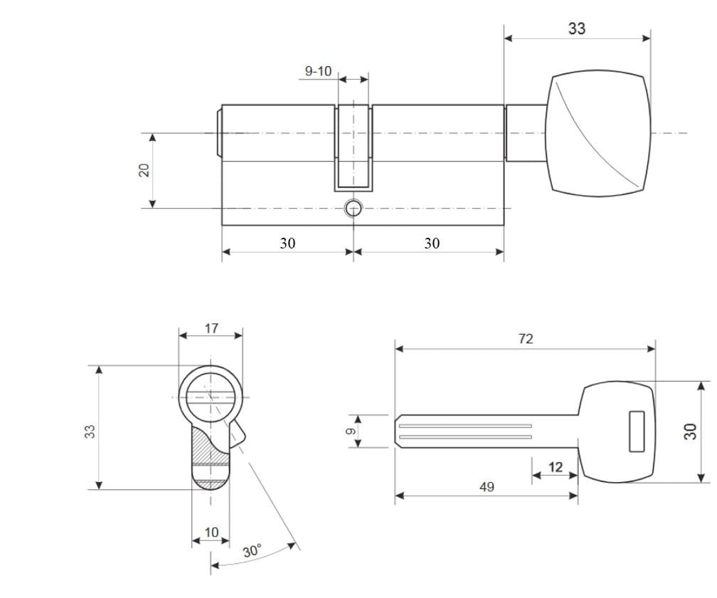 Циліндр Apecs XR-60-C15-NI 25х10х25 ключ/тумблер нікель (00002367) - фото 3