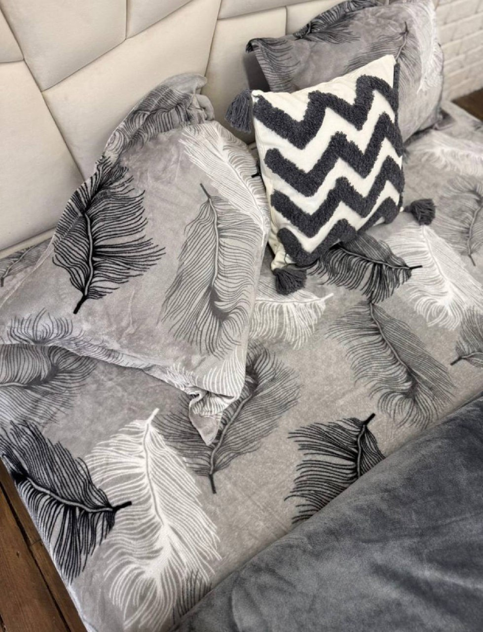 Постільна білизна плюшева мікрофібра пухнаста полуторний 50х70 см Сірий із білим - фото 2