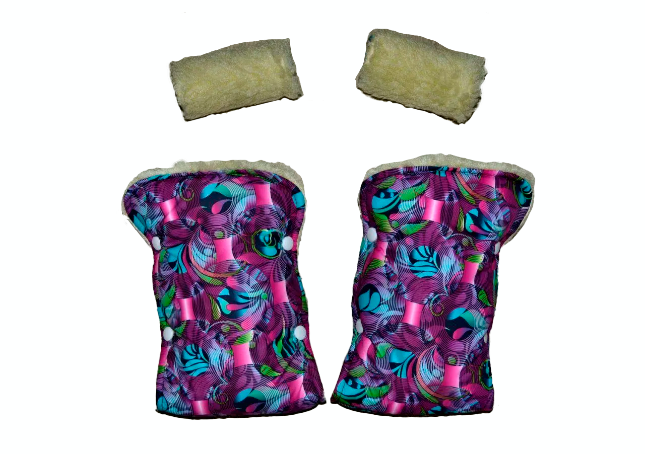 Муфта и перчатки для коляски/санок меховые Бирюзовый/Малиновый (63-75-65)