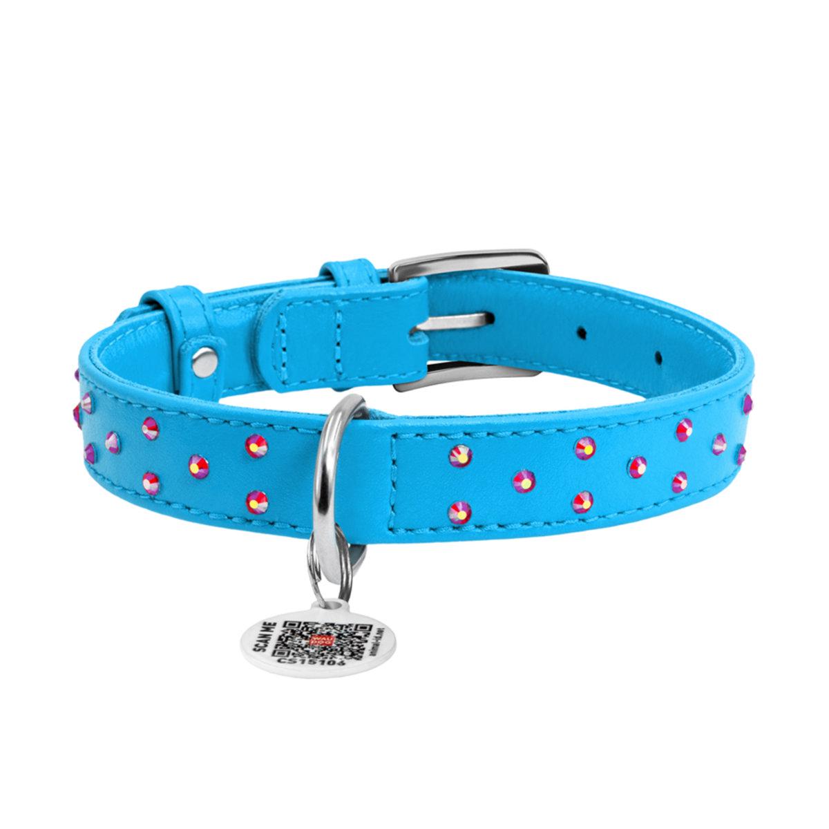Ошейник для собак Waudog Glamour с клеевыми стразами кожаный 20 мм x 30-39 см Голубой
