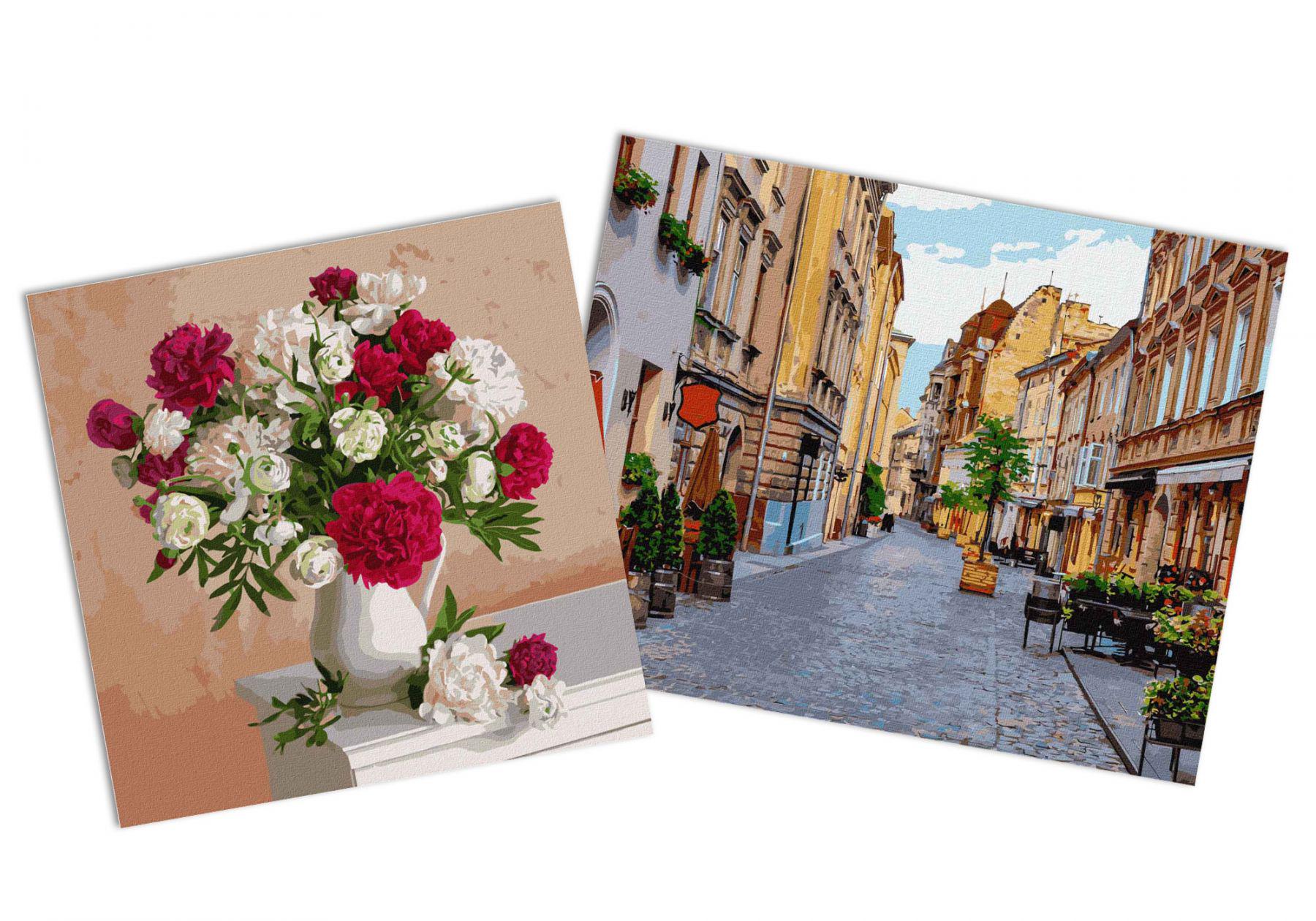 Набор картин по номерам Идейка 2в1 Улочками Львова 40x50 см KHO3594 и Цветы вдохновения 40x40 см KHO3112 (CKHO9412)