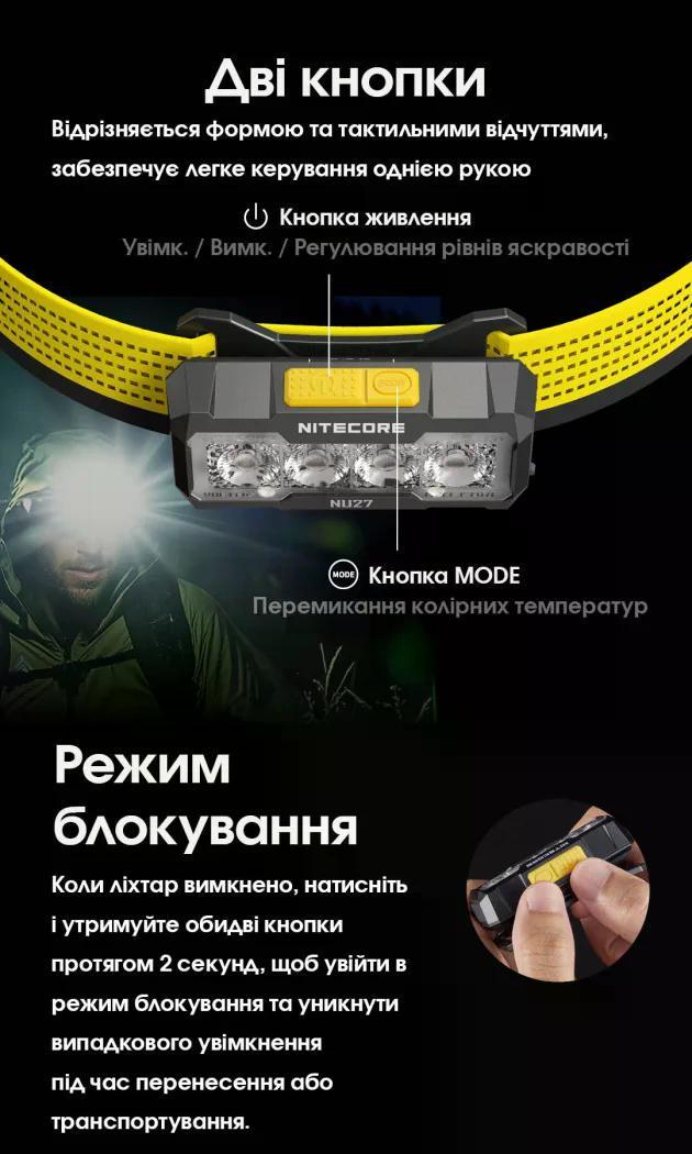 Ліхтар налобний Nitecore NU27 USB-C 600 lm 123 м Чорний (27831889) - фото 9 Ліхтар налобний Nitecore NU27 USB-C 600 lm 123 м Чорний (27831889) - фото 9
