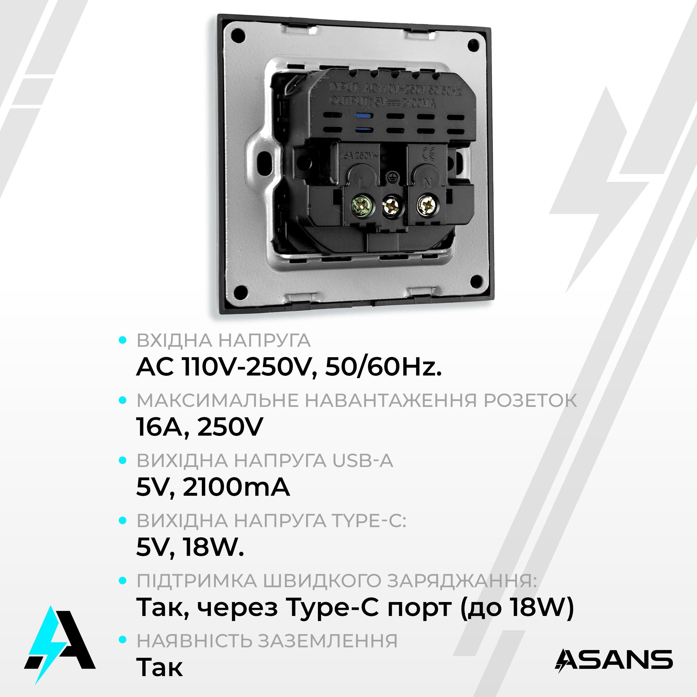 Розетка європейська Asans для заряджання з USB/Type C Чорний матовий (20102134) - фото 3