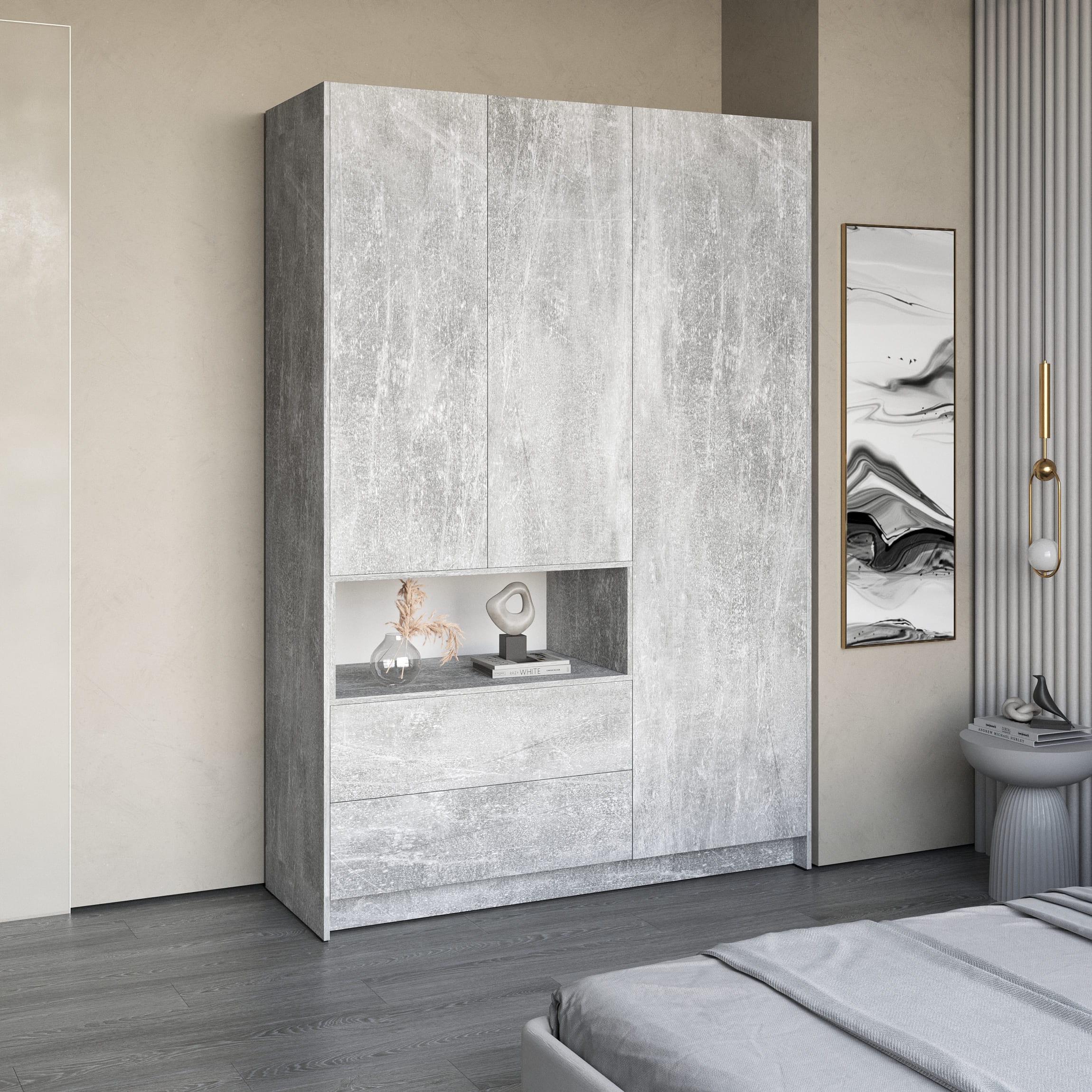 Шафа тридверна з ящиками та відкритою полицею Бетон (380565)