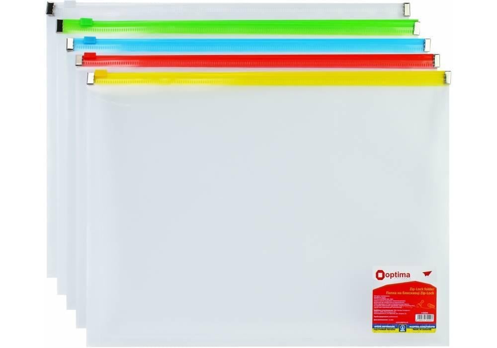 Папка пластикова A4 Optima на блискавці zip-lock, прозора, асорті, O35544