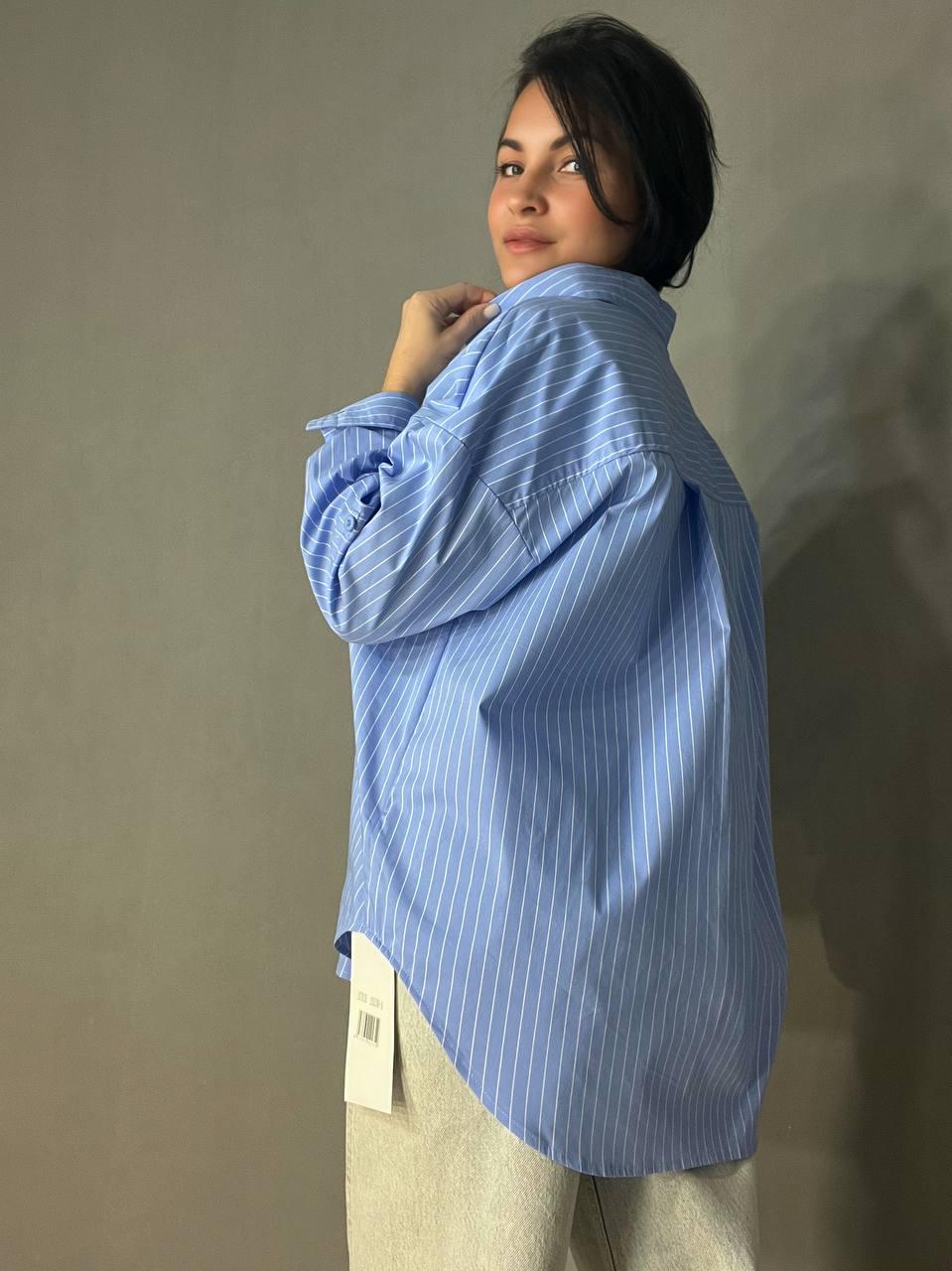 Рубашка женская A-N 25130 полоска оверсайз удлиненная широкая OS Голубой (3574) - фото 3 Рубашка женская A-N 25130 полоска оверсайз удлиненная широкая OS Голубой (3574) - фото 3