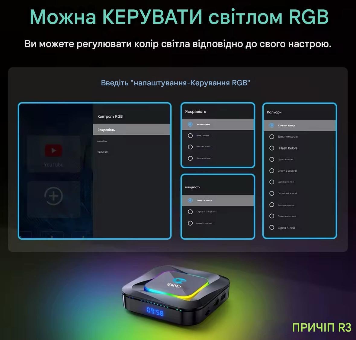 Смарт-приставка Vontar R3 4/64 Гб Android 13 RK3528 з підсвічуванням RGB налаштована - фото 2 Смарт-приставка Vontar R3 4/64 Гб Android 13 RK3528 з підсвічуванням RGB налаштована - фото 2